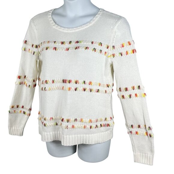 Talbots Womens L White Knit Sweater Rainbow Accents Space Dye Long Sleeve Top - Picture 6 of 15